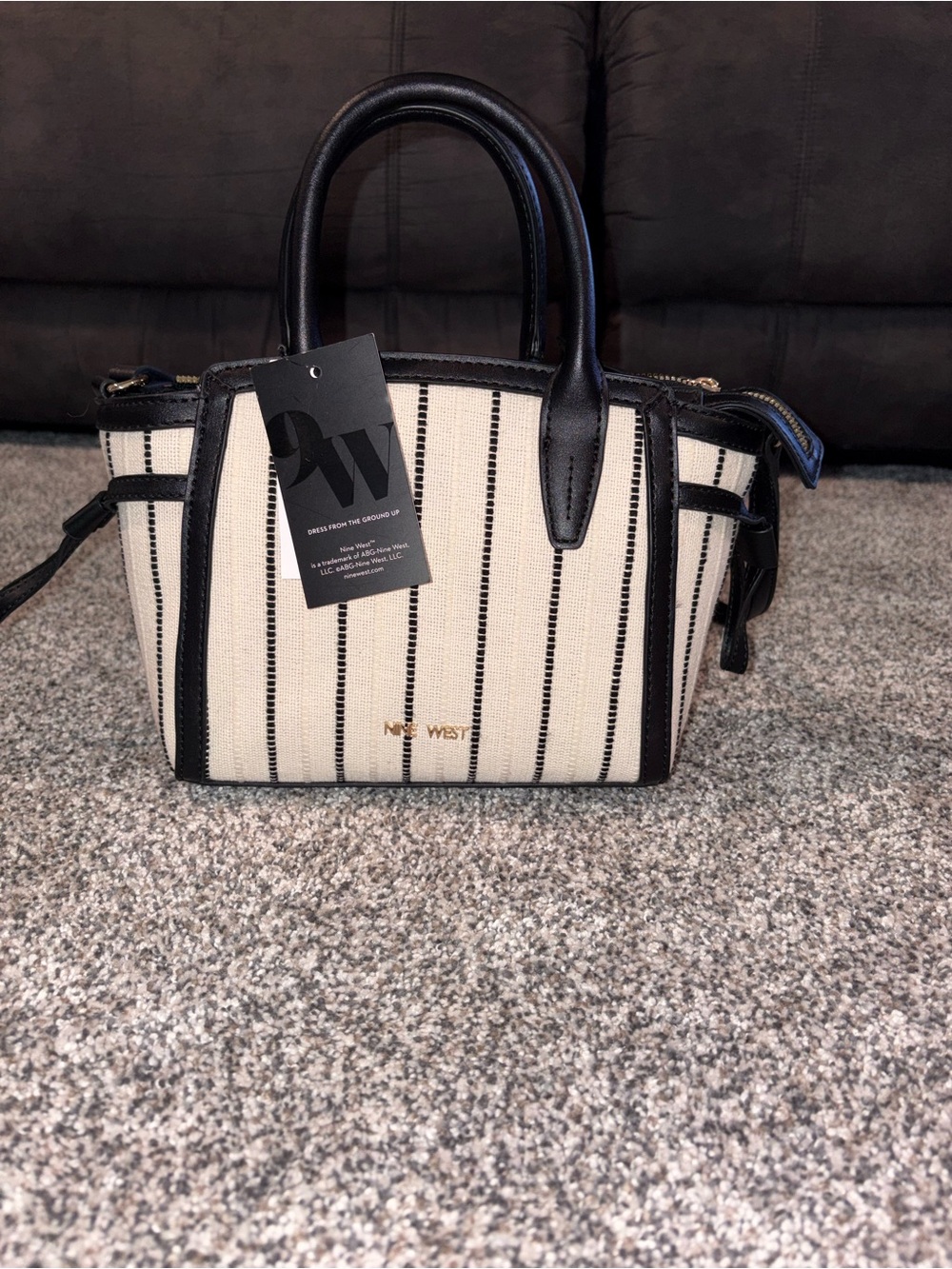 Nine West Black & Cream Striped Mini Satchel with Top Handles